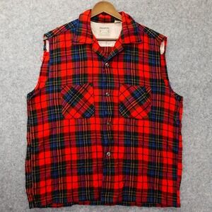 Vintage 50s Pilgrim Sears Shirt Mens LARGE Red Plaid Cut Off Vest Washable Wool